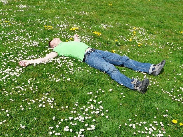 草原で両手を広げ寝そべる男性の画像